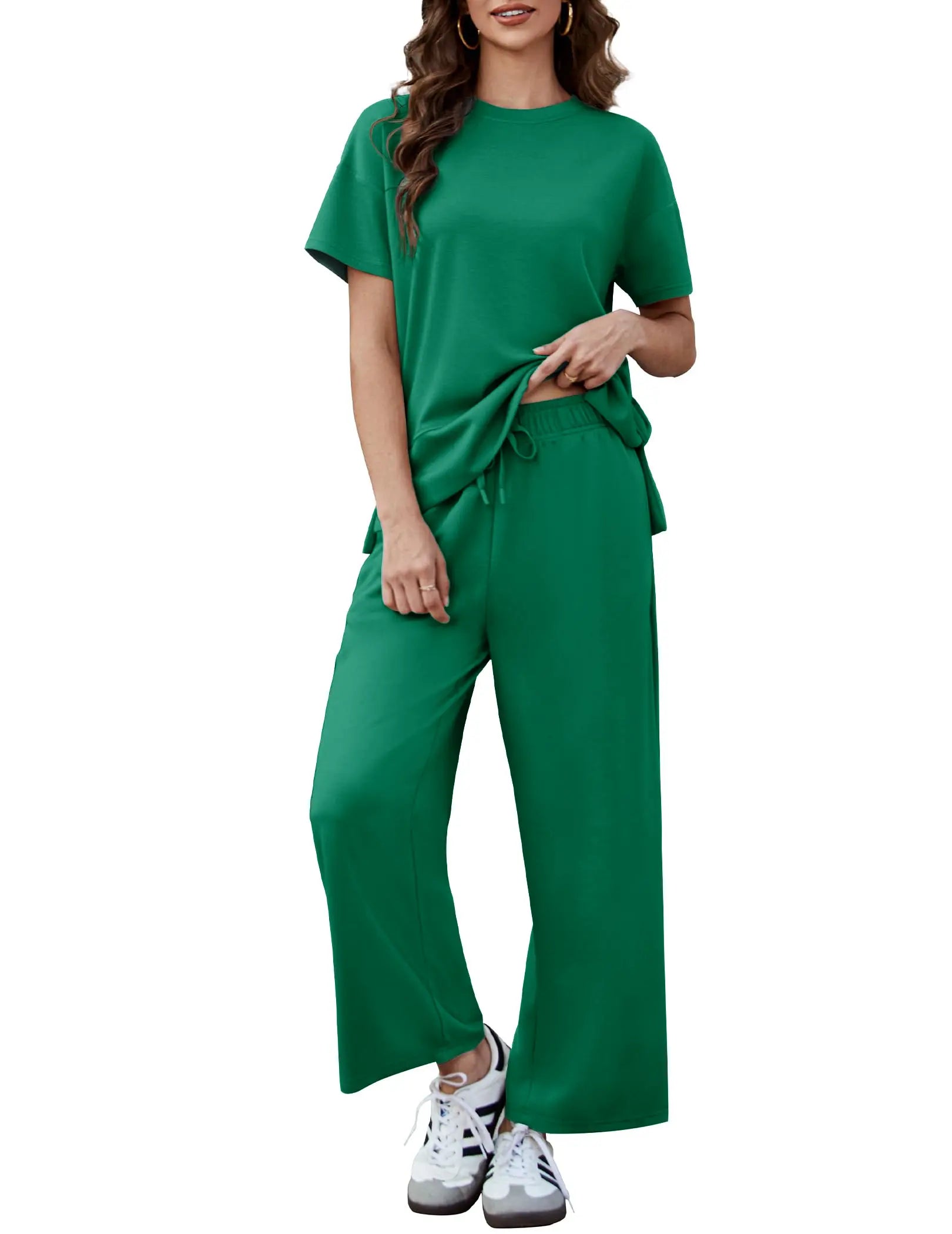 Pinspark Women's Two-Piece Set: Summer Outfit, Loose-Fitting Wide-Leg Pants, Casual Set: Perfect for the airport, the beach, and vacations; short sleeves; soft fabric; available in a variety of colors and sizes tiktokshopbacktoschool