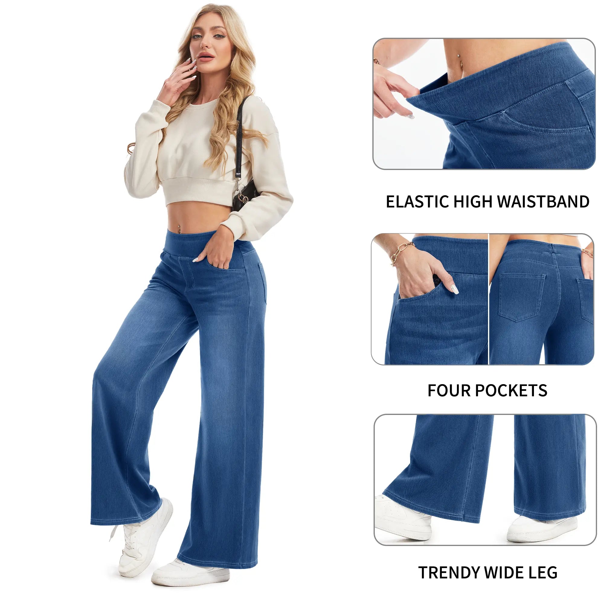 MAGCOMSEN Wide Leg Stretchy Jeans for Women Loose Fit Elastic High Waist Pants Pull On Baggy Fit Jeans Tummy Control Trousers Casual Work Wear FallFreshness Outdoorfun Bottoms Fathersdaygift Functional Pockets,back to school shopping