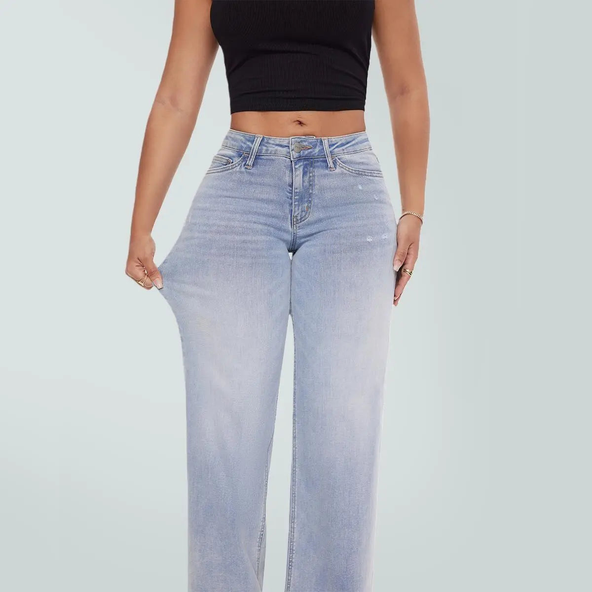 Magic ONESO Mid-low Rise Baggy Jeans Stretchy Wide Leg for Women Distressed Pants Womenswear Bottom 8001 Lady Basic Minimalist Comfortable Denim Tummy Control Curve Hugging Plus Size Regular Size BBL Spring Fashion Daily Outfits
