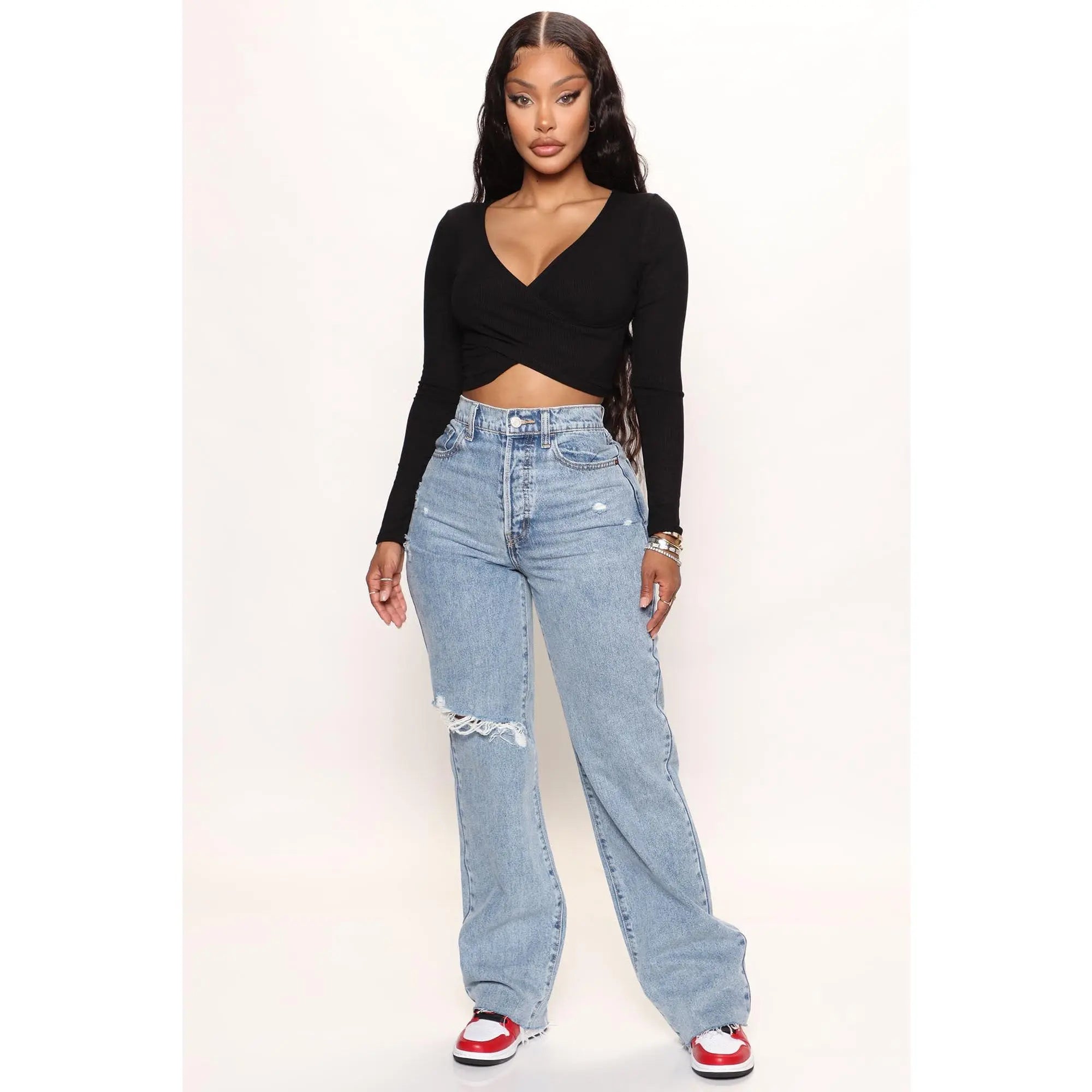 90's Ripped Straight Leg Jeans Medium Wash