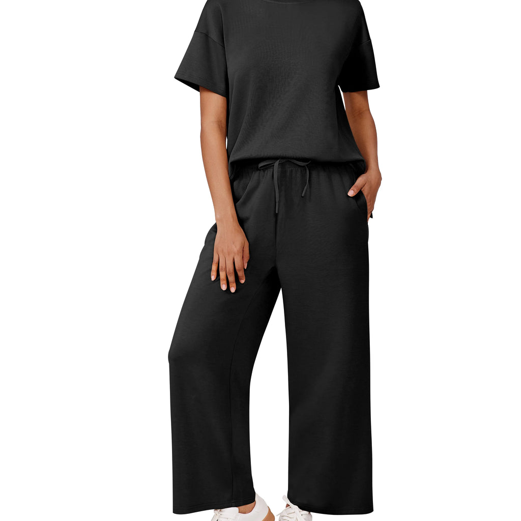 Pinspark Women's Two-Piece Set: Summer Outfit, Loose-Fitting Wide-Leg Pants, Casual Set: Perfect for the airport, the beach, and vacations; short sleeves; soft fabric; available in a variety of colors and sizes tiktokshopbacktoschool