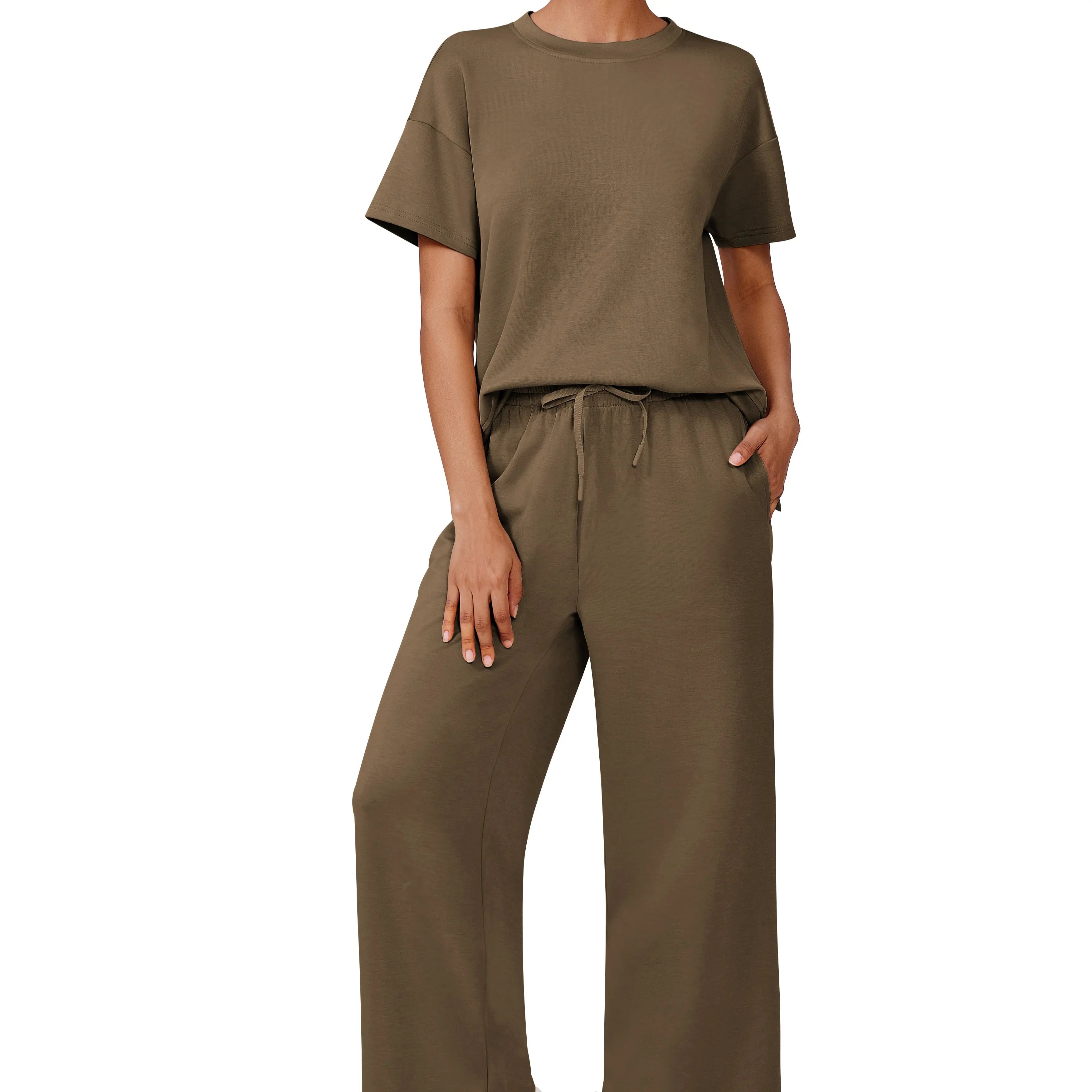 Pinspark Women's Two-Piece Set: Summer Outfit, Loose-Fitting Wide-Leg Pants, Casual Set: Perfect for the airport, the beach, and vacations; short sleeves; soft fabric; available in a variety of colors and sizes tiktokshopbacktoschool