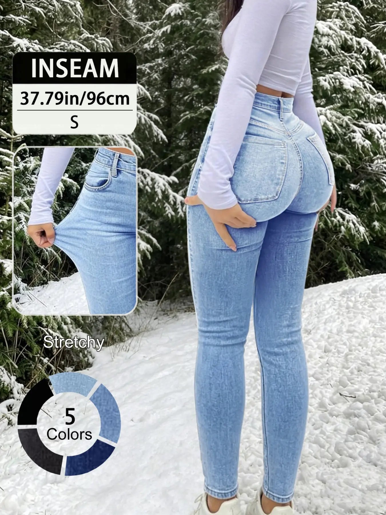 20789# New Elegant Casual Slim-Fit High Waist Long Pants for Women, All-Season Fashion Jeans Button Fly Trousers, Plain Surface, Unlined