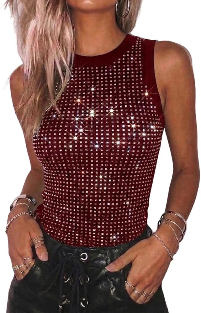 Womens Summer Sleeveless Ribbed Tank Tops Rhinestone Sparkly Basic Top Slim Fit Party Y2K Outfit