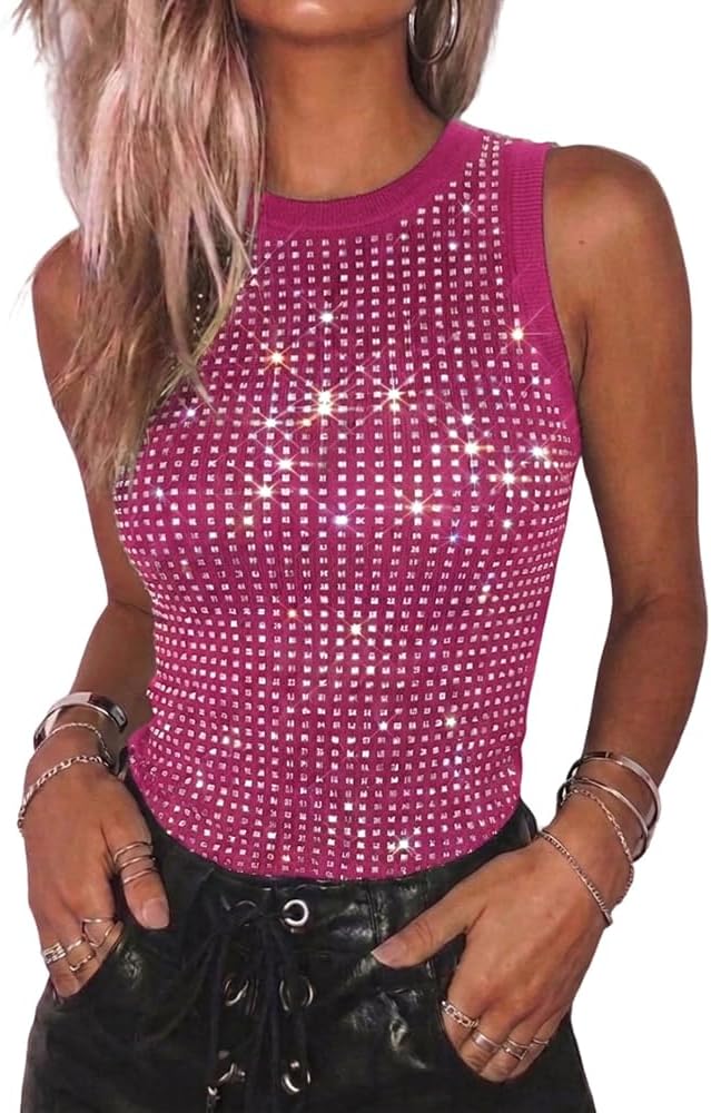 Womens Summer Sleeveless Ribbed Tank Tops Rhinestone Sparkly Basic Top Slim Fit Party Y2K Outfit