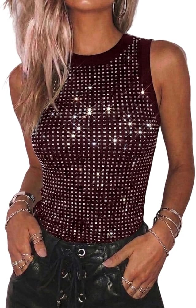 Womens Summer Sleeveless Ribbed Tank Tops Rhinestone Sparkly Basic Top Slim Fit Party Y2K Outfit
