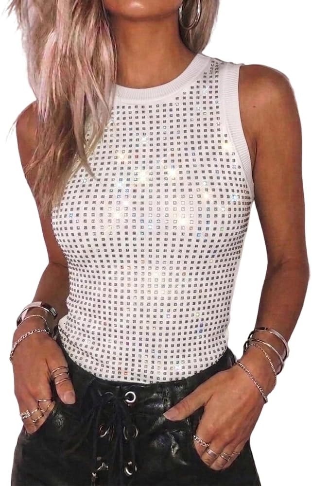 Womens Summer Sleeveless Ribbed Tank Tops Rhinestone Sparkly Basic Top Slim Fit Party Y2K Outfit