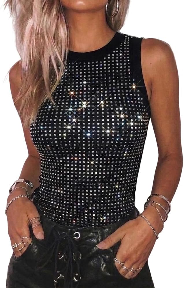 Womens Summer Sleeveless Ribbed Tank Tops Rhinestone Sparkly Basic Top Slim Fit Party Y2K Outfit