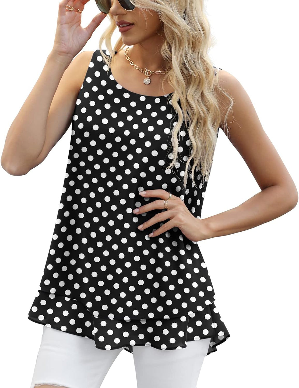 Women's Sleeveless Chiffon Tank Top Double Layers Casual Blouse Tunic
