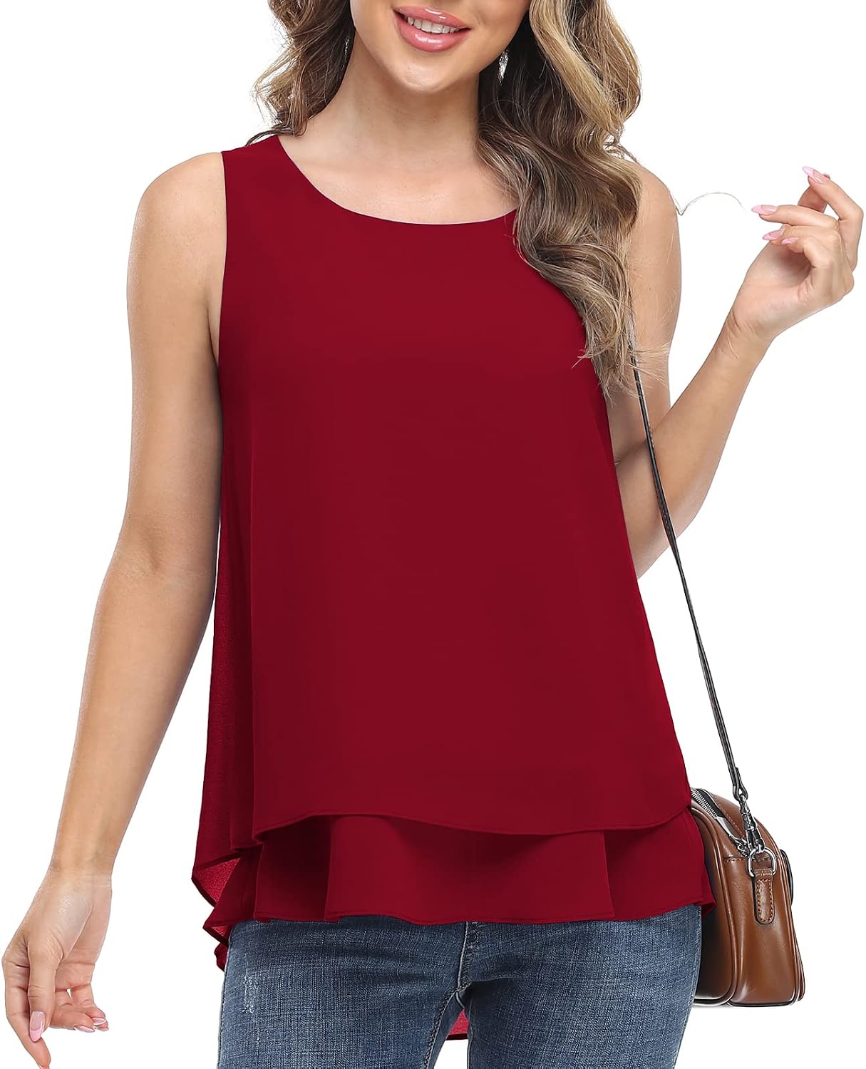 Women's Sleeveless Chiffon Tank Top Double Layers Casual Blouse Tunic