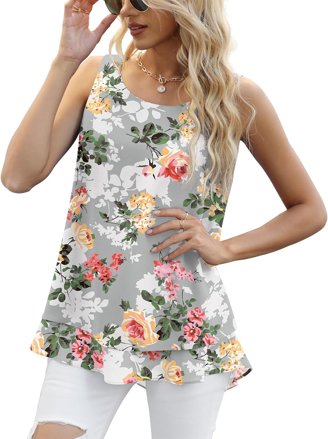 Women's Sleeveless Chiffon Tank Top Double Layers Casual Blouse Tunic