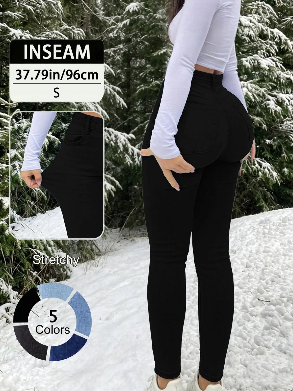 20789# New Elegant Casual Slim-Fit High Waist Long Pants for Women, All-Season Fashion Jeans Button Fly Trousers, Plain Surface, Unlined