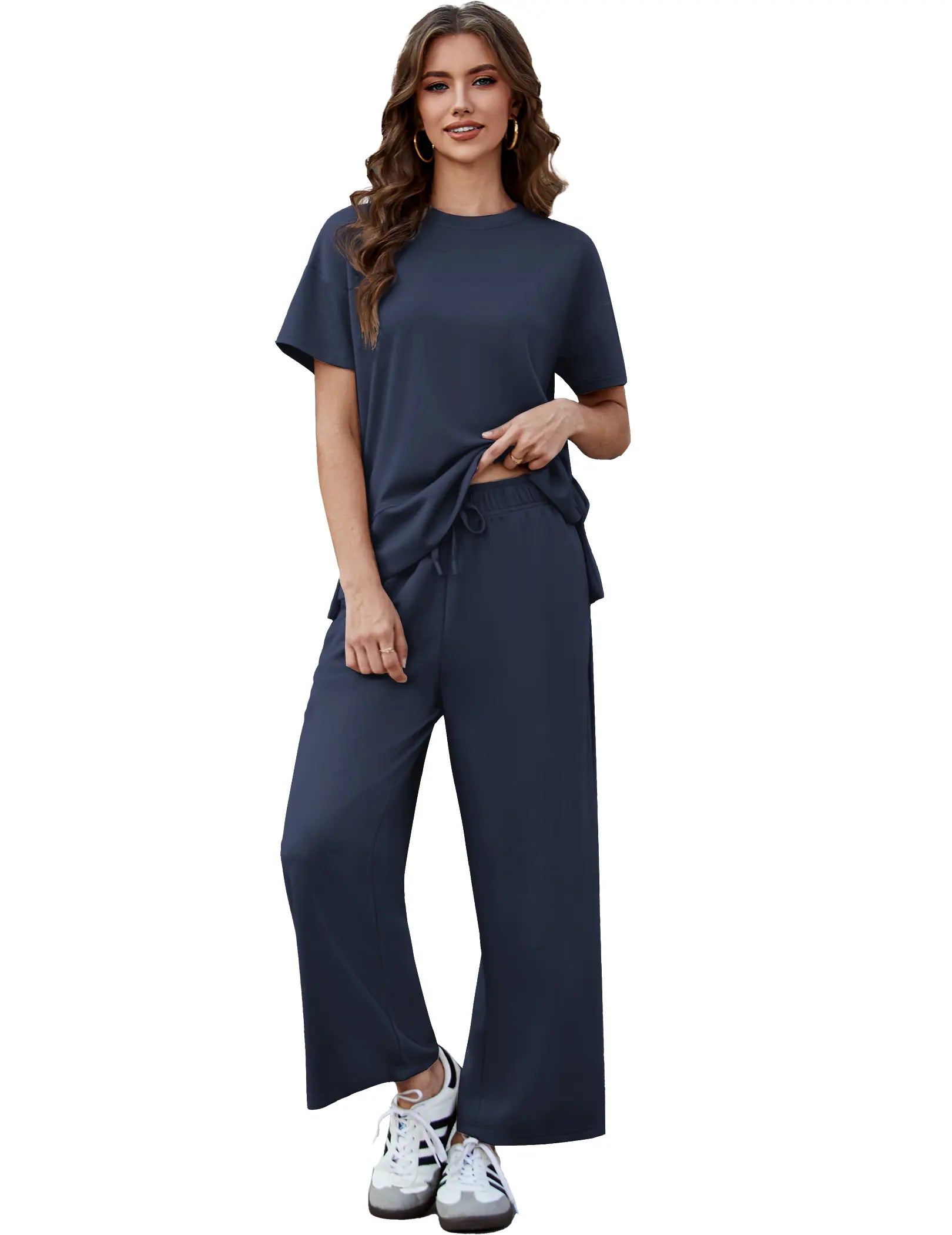 Pinspark Women's Two-Piece Set: Summer Outfit, Loose-Fitting Wide-Leg Pants, Casual Set: Perfect for the airport, the beach, and vacations; short sleeves; soft fabric; available in a variety of colors and sizes tiktokshopbacktoschool