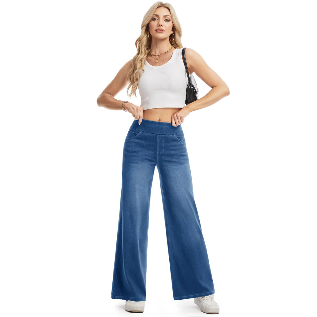 MAGCOMSEN Wide Leg Stretchy Jeans for Women Loose Fit Elastic High Waist Pants Pull On Baggy Fit Jeans Tummy Control Trousers Casual Work Wear FallFreshness Outdoorfun Bottoms Fathersdaygift Functional Pockets,back to school shopping