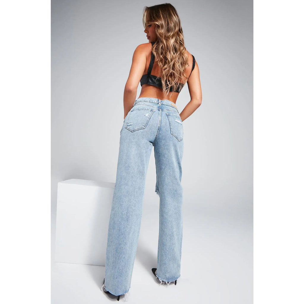 90's Ripped Straight Leg Jeans Medium Wash