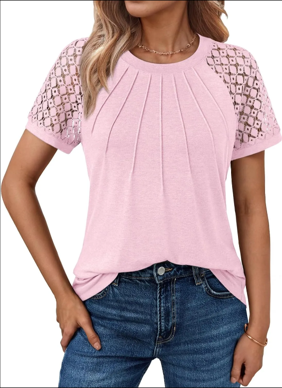 Women's Lace Short Sleeve Tops - Pleated Business Casual Work Shirts for Summer