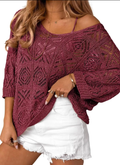Women's 2026 Spring Summer Crochet Hollow Out 3/4 Sleeve Pullover Sweater Off Shoulder T-Shirts