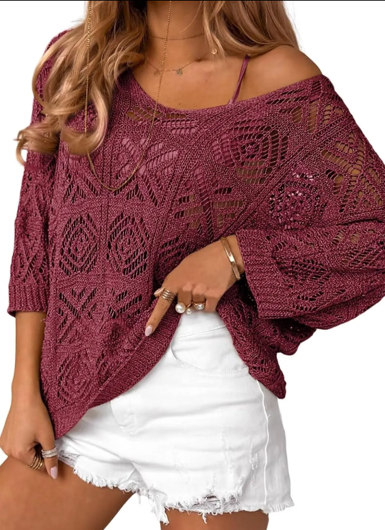 Women's 2026 Spring Summer Crochet Hollow Out 3/4 Sleeve Pullover Sweater Off Shoulder T-Shirts