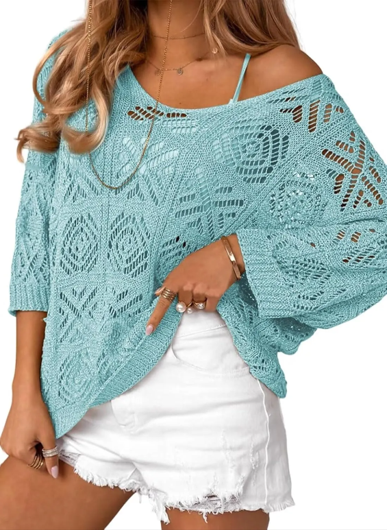 Women's 2026 Spring Summer Crochet Hollow Out 3/4 Sleeve Pullover Sweater Off Shoulder T-Shirts