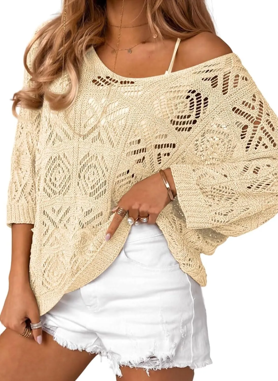 Women's 2026 Spring Summer Crochet Hollow Out 3/4 Sleeve Pullover Sweater Off Shoulder T-Shirts