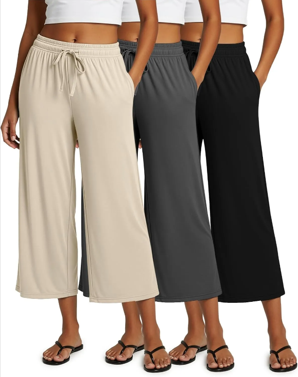 3 Pack: Women's Ultra-Soft Wide Leg Loose Capri Open Bottom Pants - Yoga Lounge Pockets(Available in Plus)