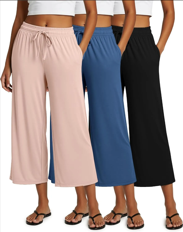 3 Pack: Women's Ultra-Soft Wide Leg Loose Capri Open Bottom Pants - Yoga Lounge Pockets(Available in Plus)