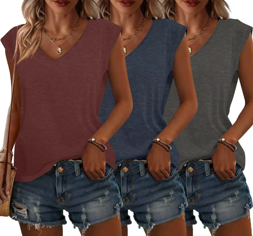 3 Pack Womens Cap Sleeve Tops V Neck T Shirts Summer Spring Outfits Beach Vacation Fashion Tee Blouse Workout Clothes