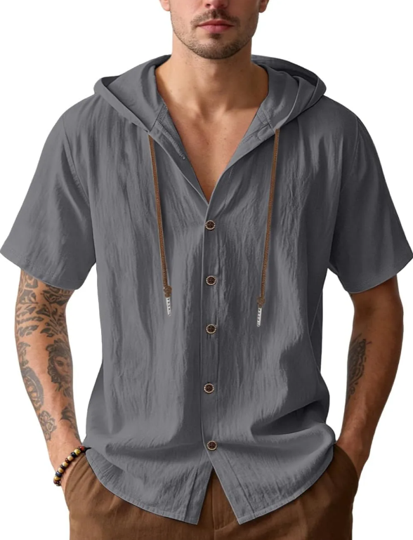 Men's Cotton Linen Shirts Short Sleeve Casual Sweatshirts Button Down Summer Beach Wedding Shirts with Hoodies
