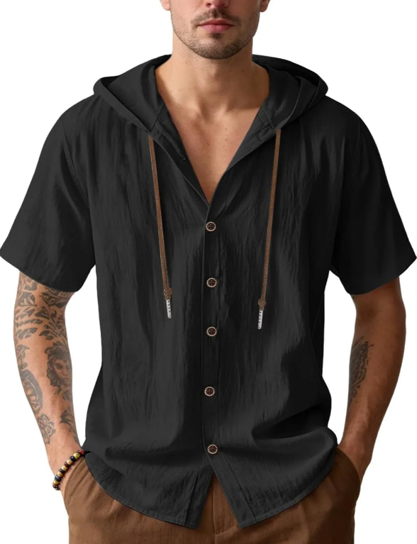 Men's Cotton Linen Shirts Short Sleeve Casual Sweatshirts Button Down Summer Beach Wedding Shirts with Hoodies