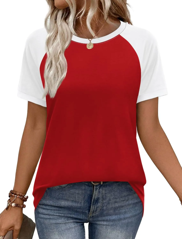 Womens Summer Tops Color Block Short Sleeve Raglan Shirts Spring Fashion Clothes Vacation Outfits