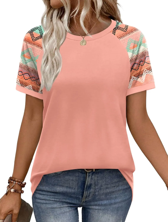 Womens Summer Tops Color Block Short Sleeve Raglan Shirts Spring Fashion Clothes Vacation Outfits