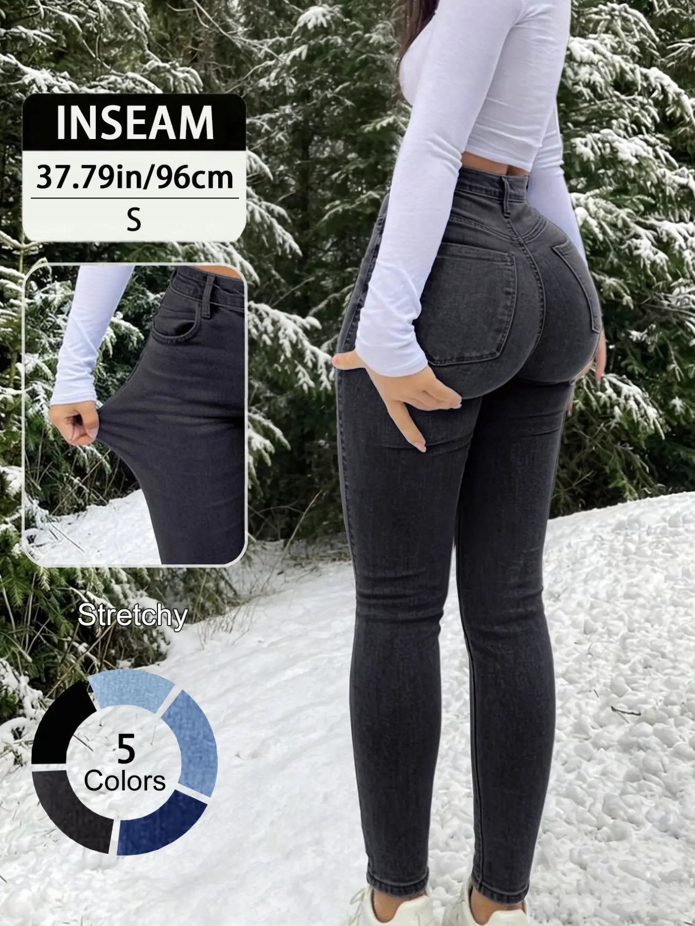 20789# New Elegant Casual Slim-Fit High Waist Long Pants for Women, All-Season Fashion Jeans Button Fly Trousers, Plain Surface, Unlined