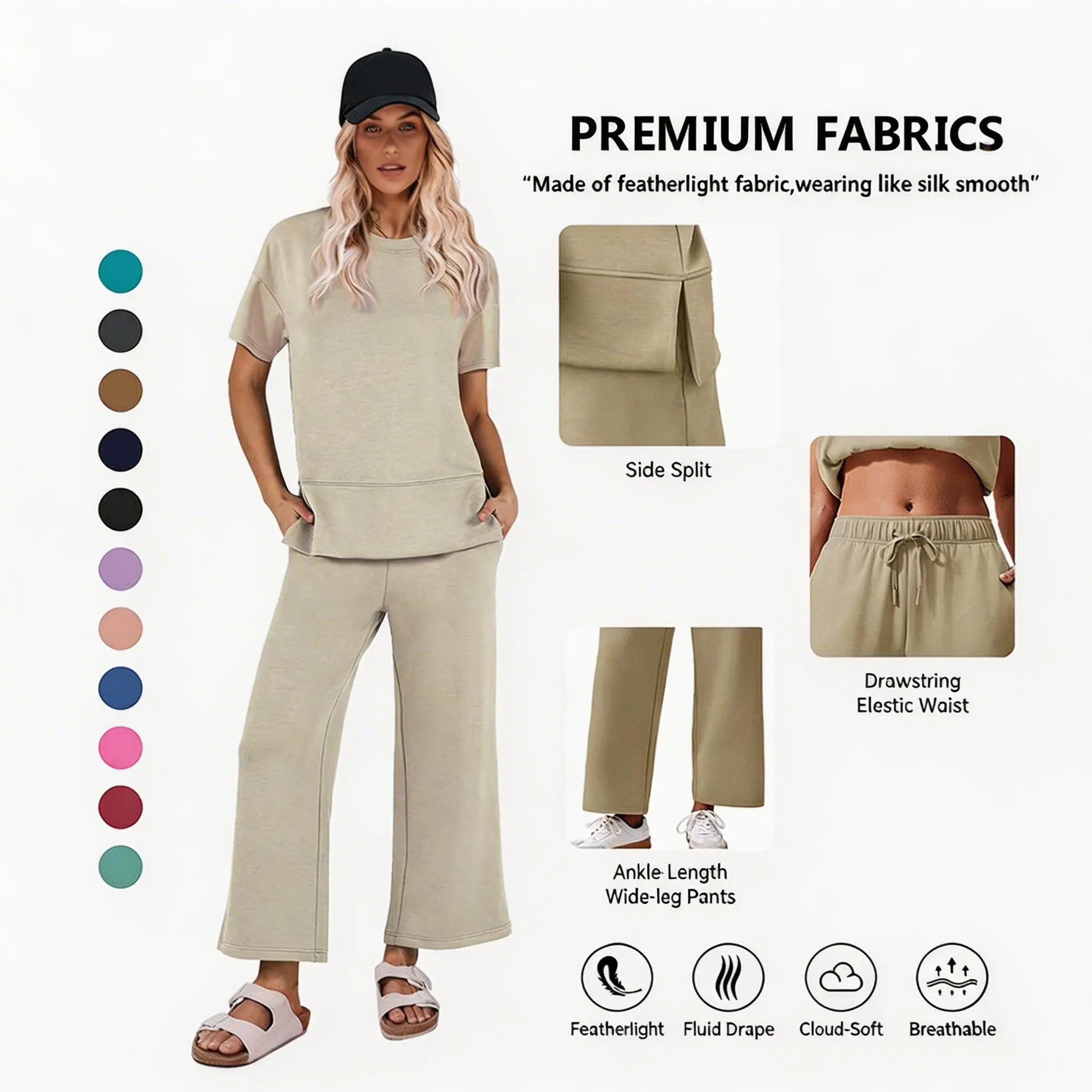 Pinspark Women's Two-Piece Set: Summer Outfit, Loose-Fitting Wide-Leg Pants, Casual Set: Perfect for the airport, the beach, and vacations; short sleeves; soft fabric; available in a variety of colors and sizes tiktokshopbacktoschool