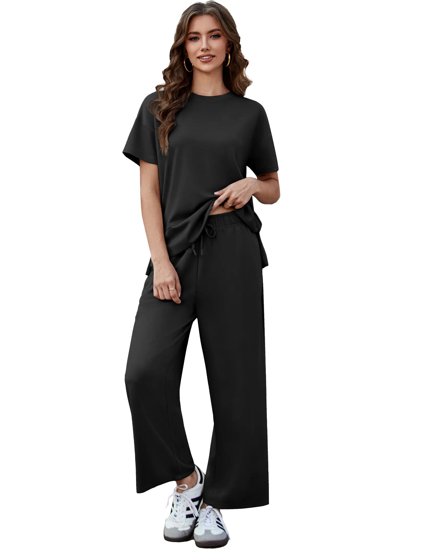 Pinspark Women's Two-Piece Set: Summer Outfit, Loose-Fitting Wide-Leg Pants, Casual Set: Perfect for the airport, the beach, and vacations; short sleeves; soft fabric; available in a variety of colors and sizes tiktokshopbacktoschool