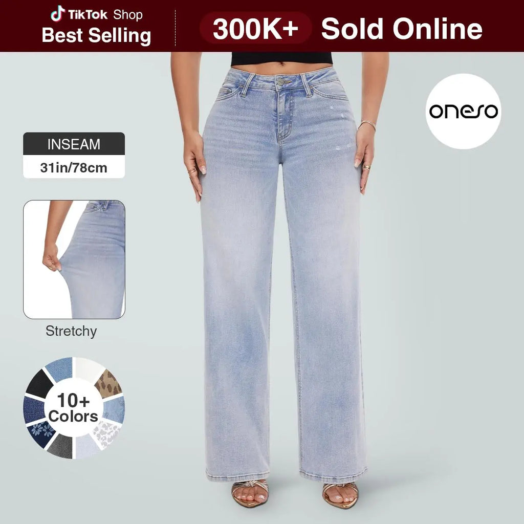 Magic ONESO Mid-low Rise Baggy Jeans Stretchy Wide Leg for Women Distressed Pants Womenswear Bottom 8001 Lady Basic Minimalist Comfortable Denim Tummy Control Curve Hugging Plus Size Regular Size BBL Spring Fashion Daily Outfits