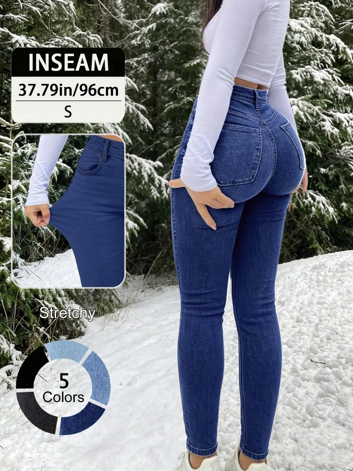 20789# New Elegant Casual Slim-Fit High Waist Long Pants for Women, All-Season Fashion Jeans Button Fly Trousers, Plain Surface, Unlined