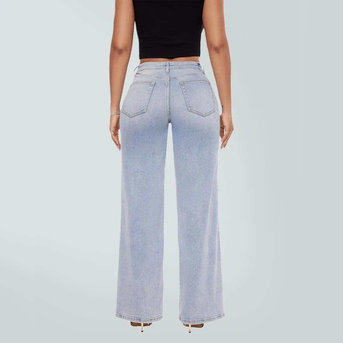Magic ONESO Mid-low Rise Baggy Jeans Stretchy Wide Leg for Women Distressed Pants Womenswear Bottom 8001 Lady Basic Minimalist Comfortable Denim Tummy Control Curve Hugging Plus Size Regular Size BBL Spring Fashion Daily Outfits