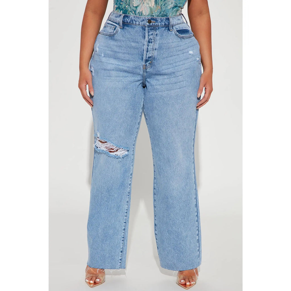 90's Ripped Straight Leg Jeans Medium Wash