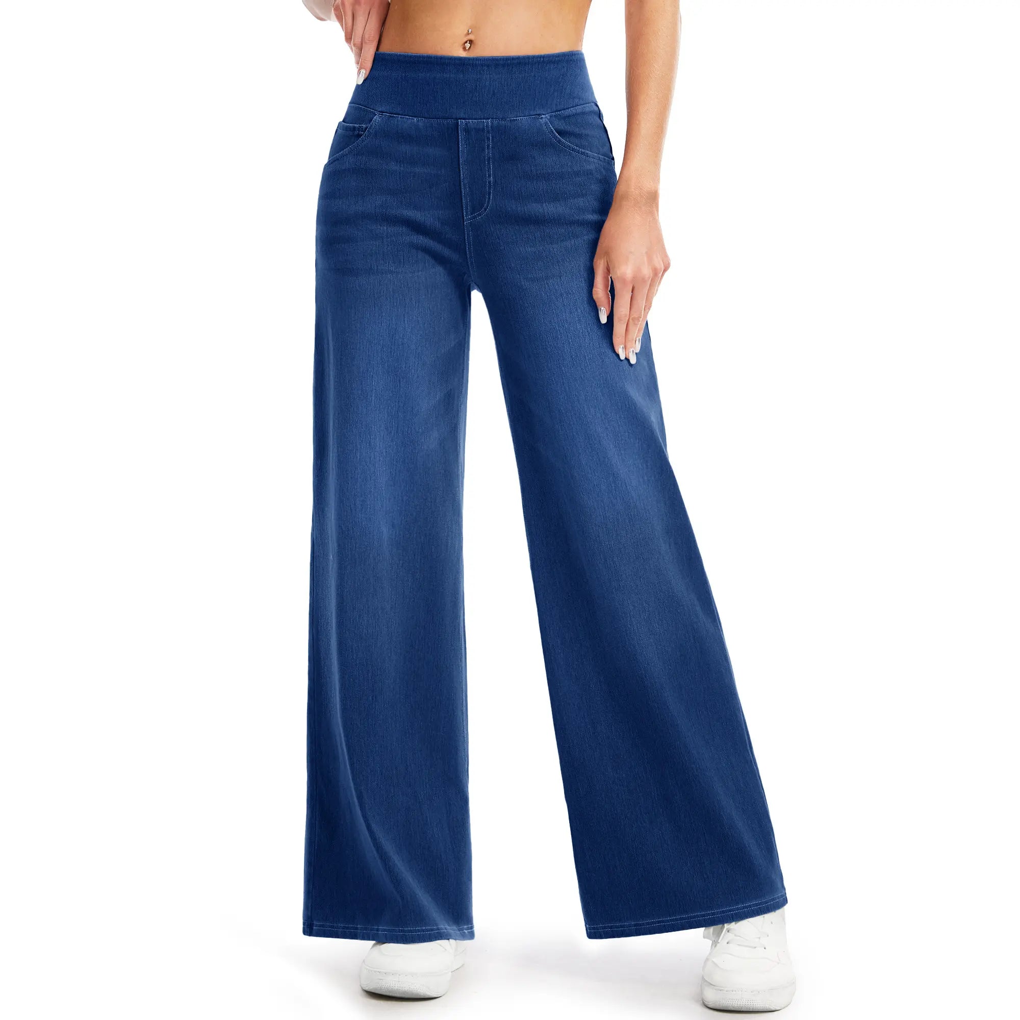 MAGCOMSEN Wide Leg Stretchy Jeans for Women Loose Fit Elastic High Waist Pants Pull On Baggy Fit Jeans Tummy Control Trousers Casual Work Wear FallFreshness Outdoorfun Bottoms Fathersdaygift Functional Pockets,back to school shopping